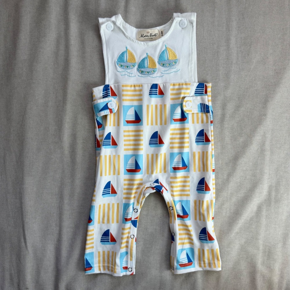 Marie Nicole Baby Boy 3-6mo Sailboat Embroidered Romper Nautical Print NEW Snaps